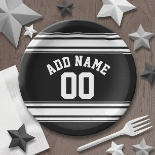 Sports Jersey Black and White Stripes Name Number Paper Plate