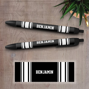 Sports Jersey Black and White Stripes Personalised Black Ink Pen