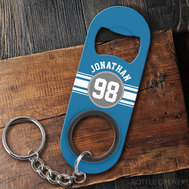 Sports Jersey Blue and Grey Stripes Name Number (Custom Bottle Opener)