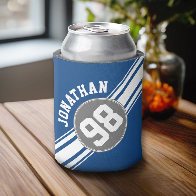 Sports Jersey Blue and Grey Stripes Name Number Can Cooler (Custom Can Cooler)