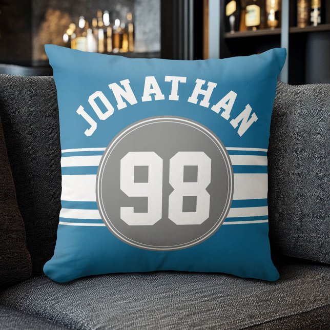 Sports Jersey Blue and Grey Stripes Name Number Cushion (Custom Sporty Pillow)