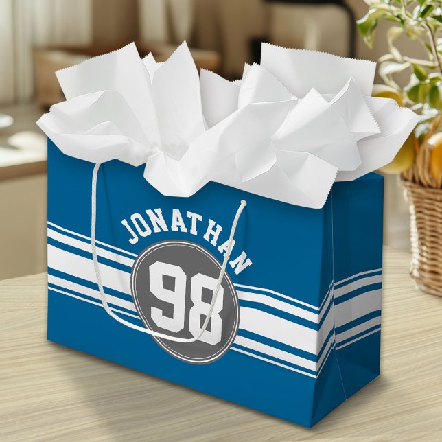 Sports Jersey Blue and Grey Stripes Name Number Large Gift Bag (Custom Gift Bag)