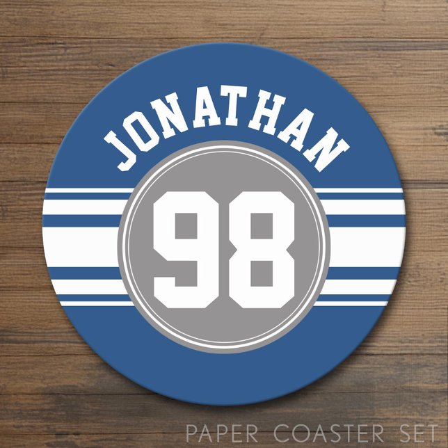 Sports Jersey Blue and Grey Stripes Name Number Round Paper Coaster (Custom Coaster)