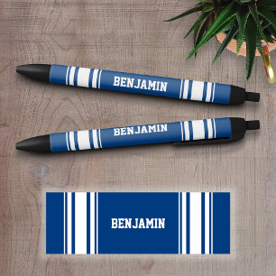 Sports Jersey Blue and White Stripes Personalised Black Ink Pen