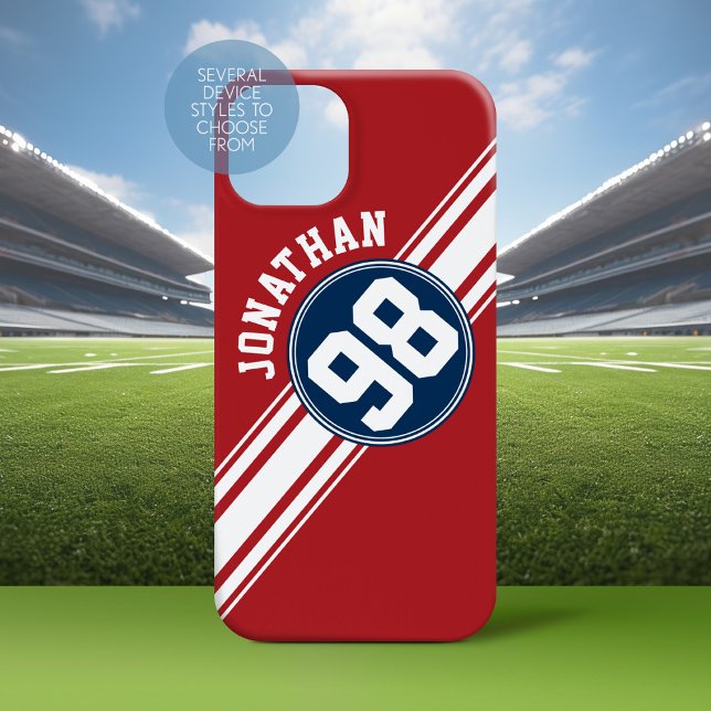 Sports Jersey Navy Blue & Red Stripes Name Number Case-Mate iPhone Case (Personalized Phone Case with a Football Jersey Stripe Design)