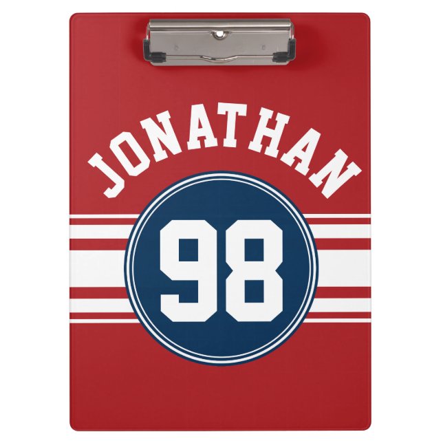 Sports Jersey Navy Blue & Red Stripes Name Number Clipboard (Front)