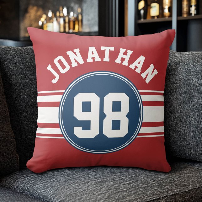 Sports Jersey Navy Blue & Red Stripes Name Number Cushion (Custom Sporty Pillow)