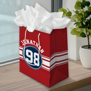 Sports Jersey Navy Blue & Red Stripes Name Number Medium Gift Bag