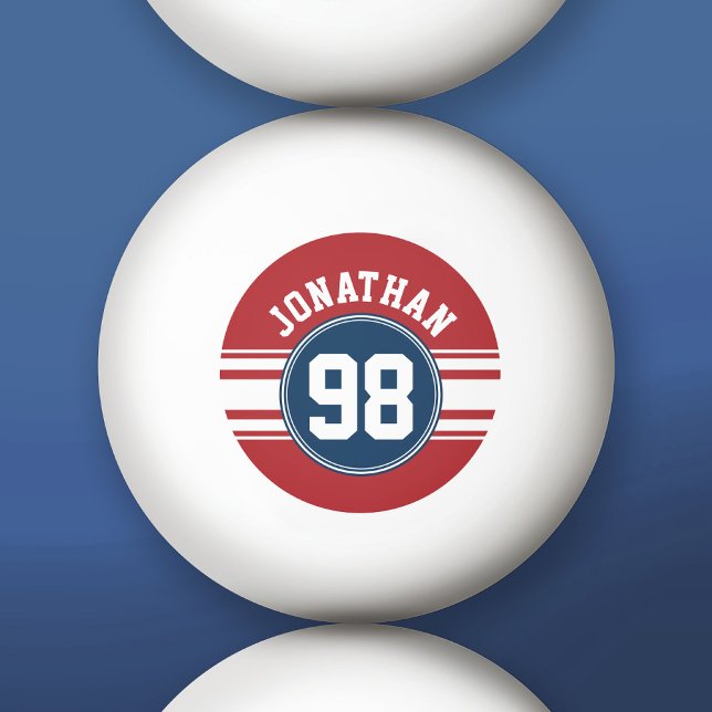 Sports Jersey Navy Blue & Red Stripes Name Number Ping Pong Ball (Custom Ping Pong Balls)