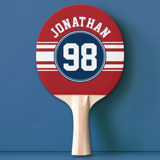 Sports Jersey Navy Blue & Red Stripes Name Number Ping Pong Paddle (Custom Ping Pong Paddle - Team or College colors Sports Jersey)