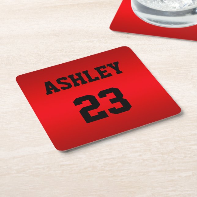 Sports Jersey Number and Name Red Personalised Square Paper Coaster (Angled)