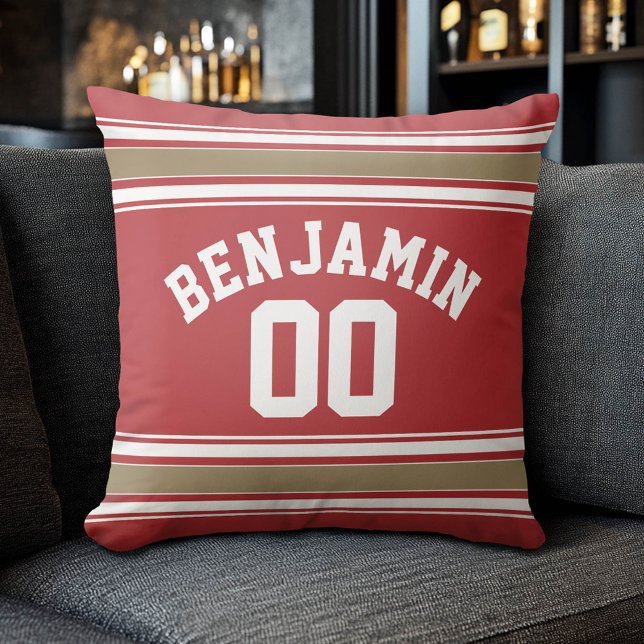 Sports Jersey Red and Gold Stripes Name Number Cushion (Custom Sporty Pillow)