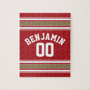 Sports Jersey Red and Gold Stripes Name Number Jigsaw Puzzle