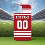 Sports Jersey Red White Name and Number iPhone 15 Case<br><div class="desc">Red and White colours -- If you are a Fantasy Football team owner,  make your own products and show off to your friends! Or - Do you play High School Football and want a memento? This jersey design is perfect for anyone playing sports.</div>