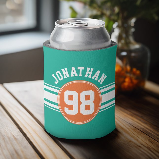 Sports Jersey Stripes Emerald & Orange Name Number Can Cooler (Personalized Can Cooler - add a name and custom text to this sports jersey design)