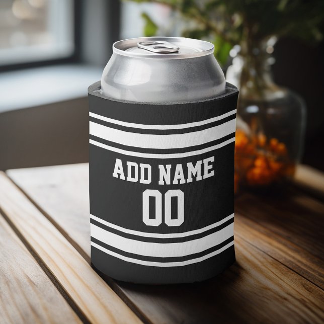 Sports Jersey Stripes - Personalised Name Number Can Cooler (Personalized Can Cooler - add a name and custom text to this sports jersey design)