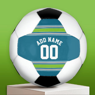 Sports Jersey Teal and Green Stripes Name Number Soccer Ball