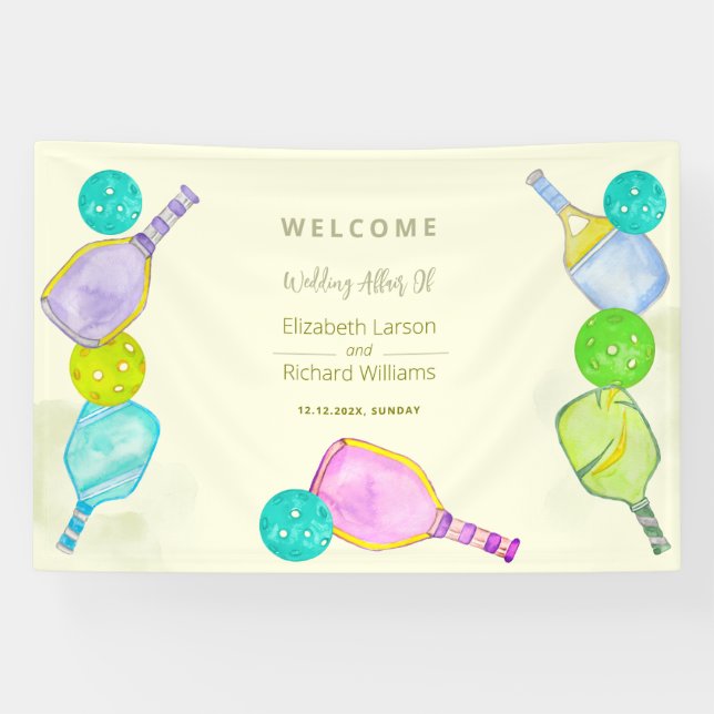 Sports Lover Watercolor  Pickleball Themed Wedding Banner (Horizontal)