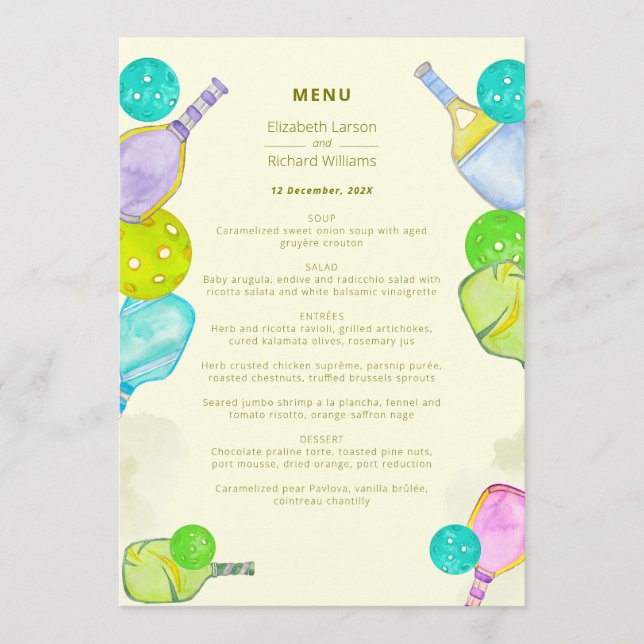 Sports Lover Watercolor  Pickleball Themed Wedding Menu (Front)