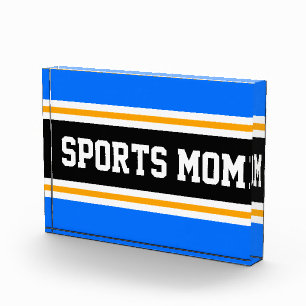 SPORTS MOM Fun Athletic Bright Blue Black Stripes Photo Block