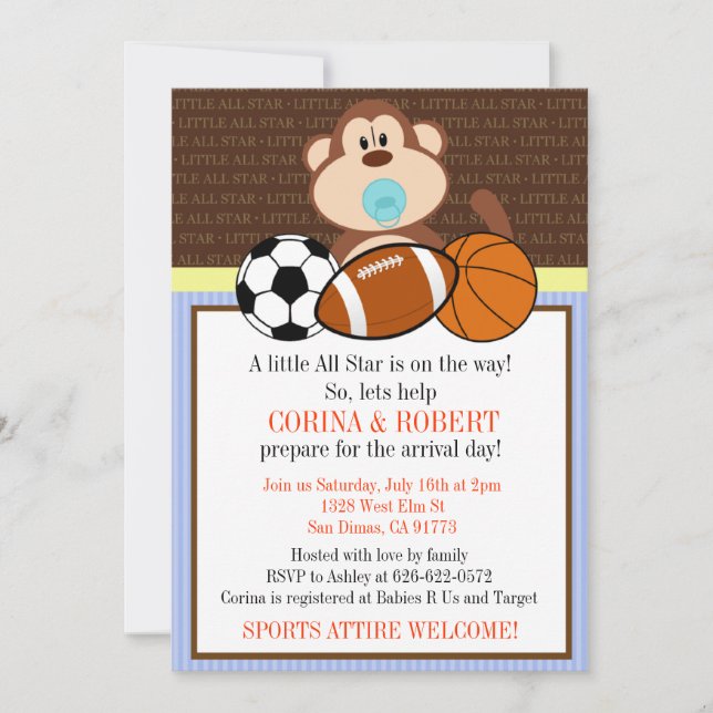 Sports Monkey Baby Shower Invite (Front)