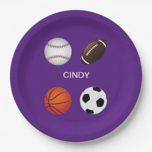 " SPORTS" PAPER PLATES WITH CHILDS NAME.