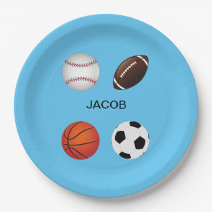 " SPORTS" PAPER PLATES WITH CHILDS NAME.