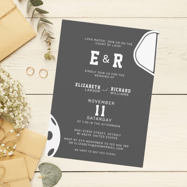 Sports Party Pickleball Black & White Wedding Invitation (Creator Uploaded)