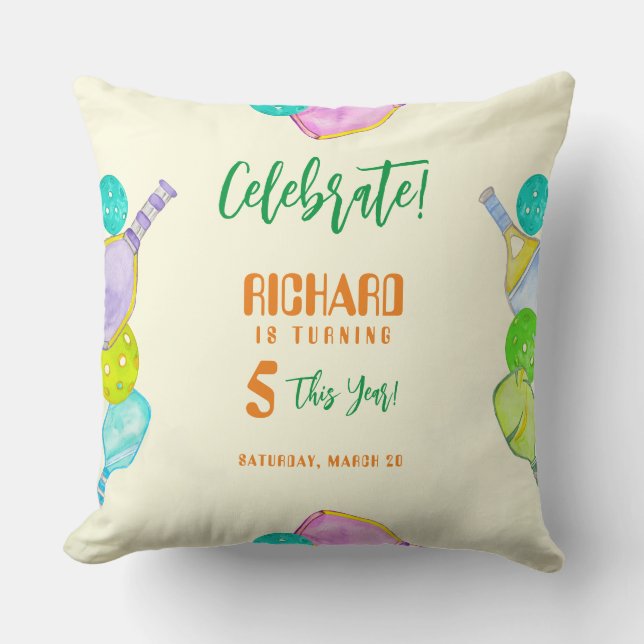 Sports Party Watercolor Pickleball Themed Birthday Cushion (Front)