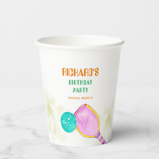 Sports Party Watercolor Pickleball Themed Birthday Paper Cups (Back)