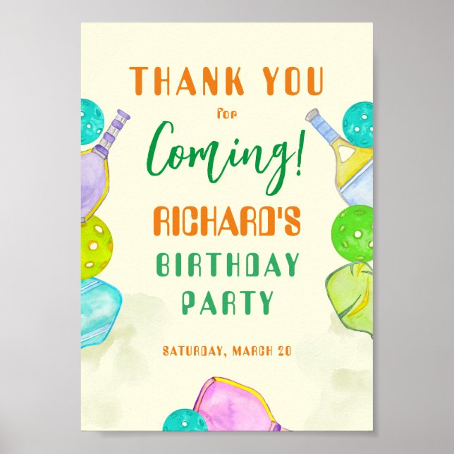 Sports Party Watercolor Pickleball Themed Birthday Poster (Front)