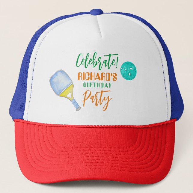 Sports Party Watercolor Pickleball Themed Birthday Trucker Hat (Front)