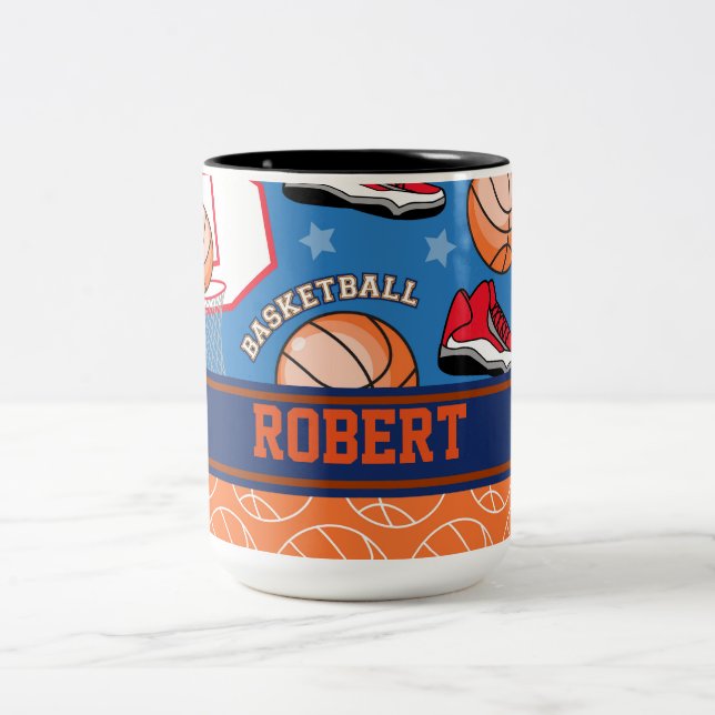 SPORTS Personalise Name Basketball Fan Fun Pattern Two-Tone Coffee Mug (Center)
