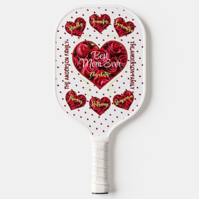 Sports Red Heart Floral Modern Mothers Day Pickleball Paddle (Front)