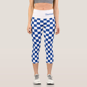 Sports School Colours Team Name Blue White Check Capri Leggings