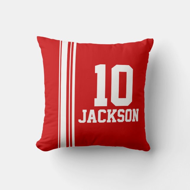 Sports stripe white red name age or number pillow (Front)