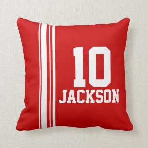 Sports stripe white red name age or number pillow