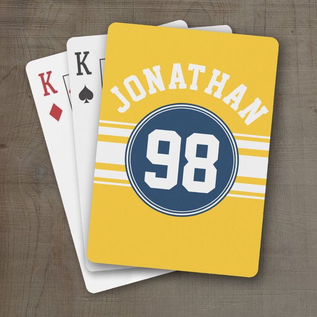 Sports Stripes Navy Blue & Yellow Name Number Playing Cards (Personalized Playing Cards - Sporty Stripes)