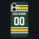 Sports Team Football Jersey Green Name Number iPhone 16 Case<br><div class="desc">Add your favourite name and number -- This olive and gold sports design is perfect for any professional,  college or high school fan. You can even claim these for your Fantasy Football team. Click on the CUSTOMIZE button to make even more changes.</div>