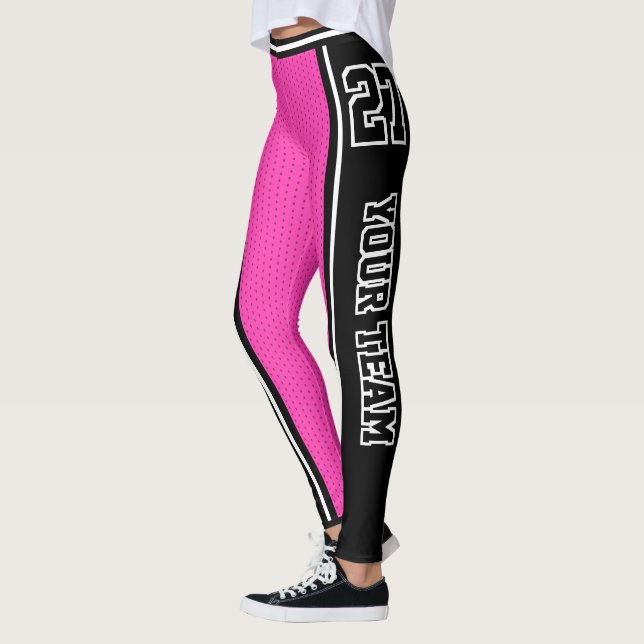 Sports Team Name Number Black Hot Pink Striped Leggings (Left)