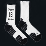 Sports Team Number Name White Script Baseball Socks<br><div class="desc">Prepare your team for the win with these sports socks by JessicaAmber! These high performance crew socks feature bold script lettering and a white & black colour scheme. You can add your team name, team number, and last name. Make a set for your baseball team! ••• For more athletic apparel,...</div>