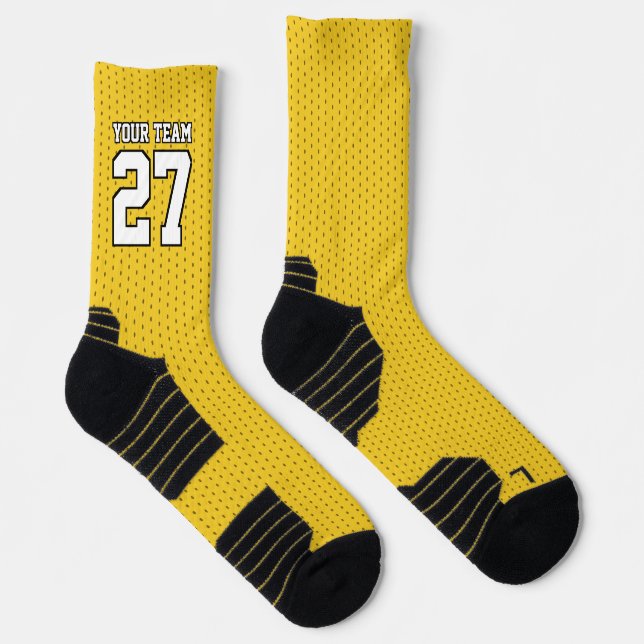 Sports Team Yellow White Name Number Basketball Socks (Right)