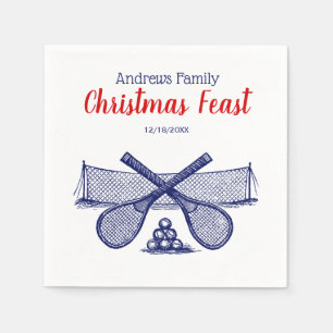 Sports Tennis Net, Crossed Racquets, Balls Blue Napkin