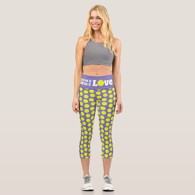Sports tennis purple lime yellow serve win love it capri leggings (Front)