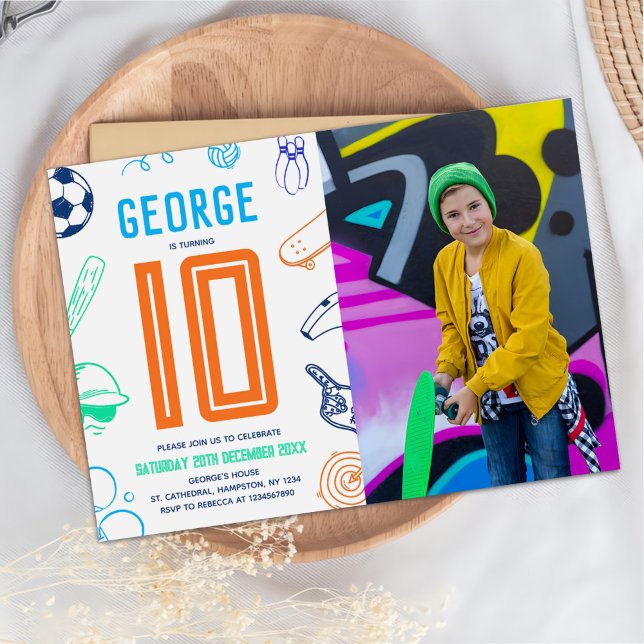 Sports Theme Boys Modern Birthday Party Photo Invitation (Creator Uploaded)