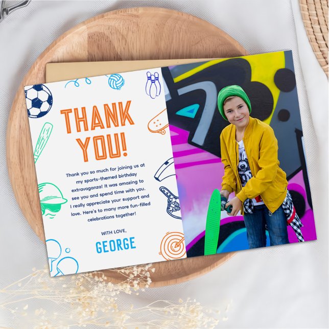 Sports Theme Boys Modern Birthday Party Photo Thank You Card (Creator Uploaded)