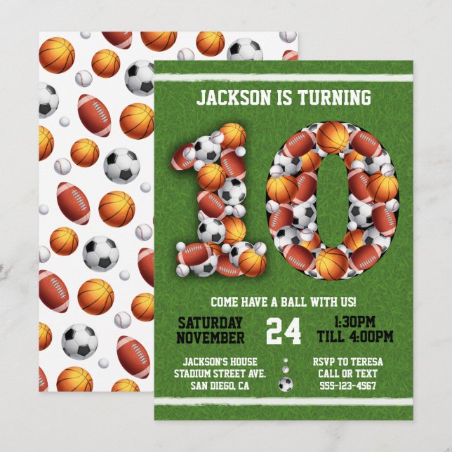 Sports Themed Balls 10th Birthday Party Invitation (Front/Back)