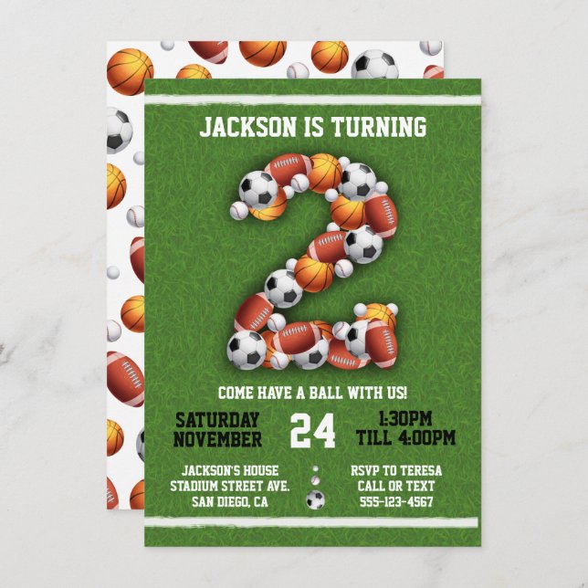Sports Themed Balls 2nd Birthday Party Invitation (Front/Back)