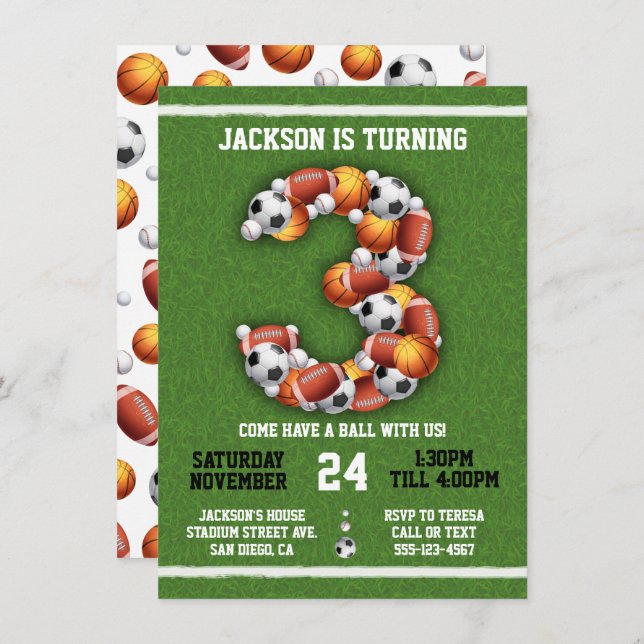 Sports Themed Balls 3rd Birthday Party Invitation (Front/Back)