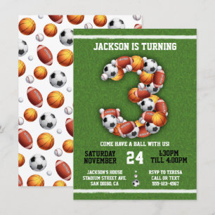Sports Themed Balls 3rd Birthday Party Invitation